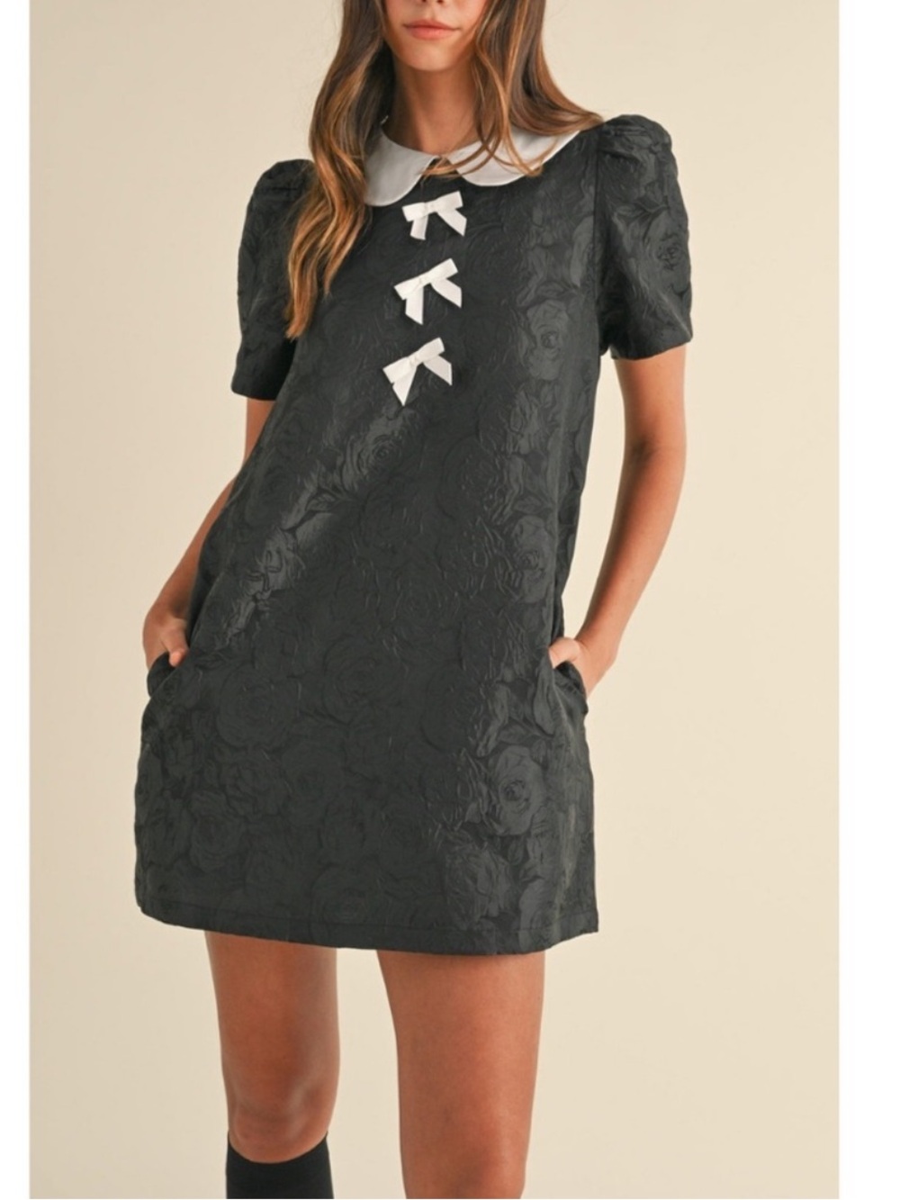🎀 Anthropologie Mable Babydoll Jacquard Peter Pan Collar Dress Ribbon Bows Large